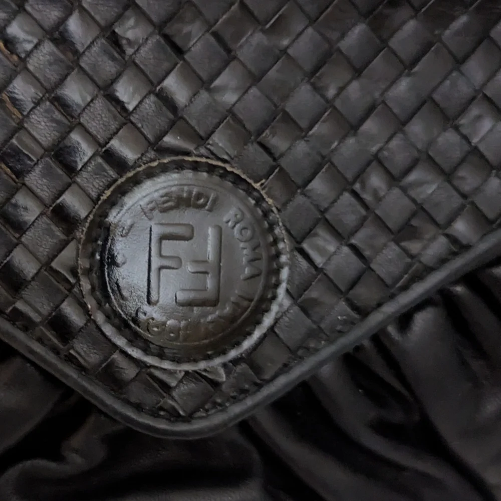 Vintage Fendi Black Woven Flap Clutch Shoulder Bag.